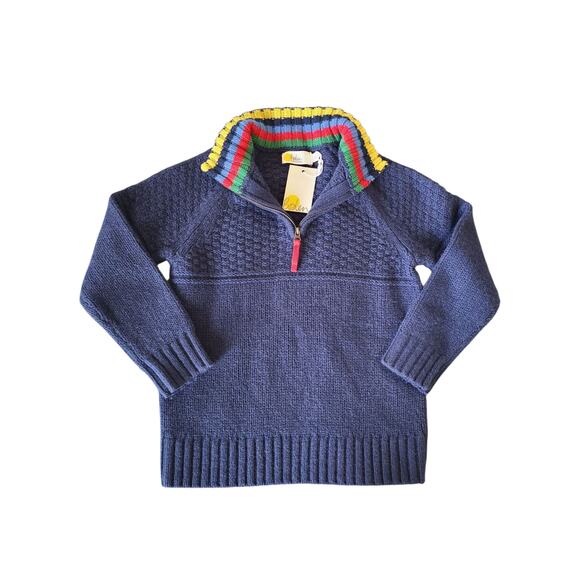 Mini Boden Boys Blue Cable Knit 1/4 Zip with Rainbow Striped Collar Size 5-6 NWT - Picture 1 of 7
